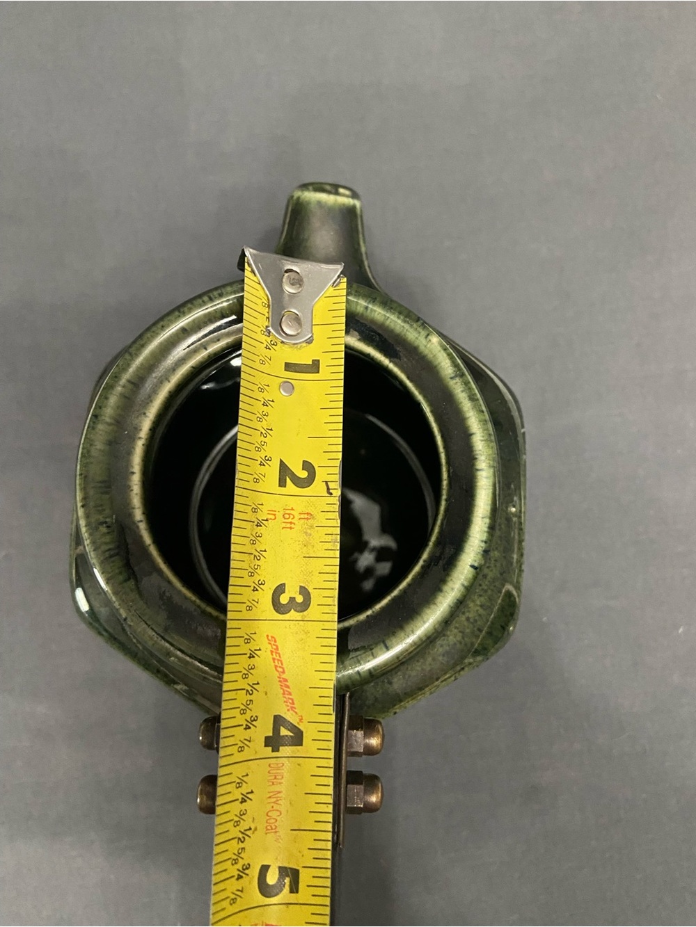 VTG Japanese Stoneware Teapot Green Speckled Glaze Wooden Handle Brass Fittings - Picture 15 of 17